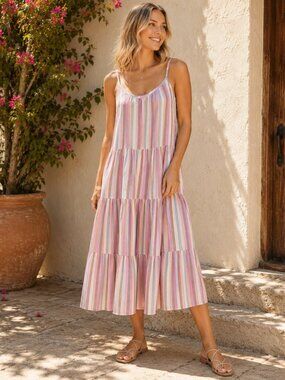 Universal Thread Striped Cotton Tiered Midi Dress | Pastel Multicolor | Small